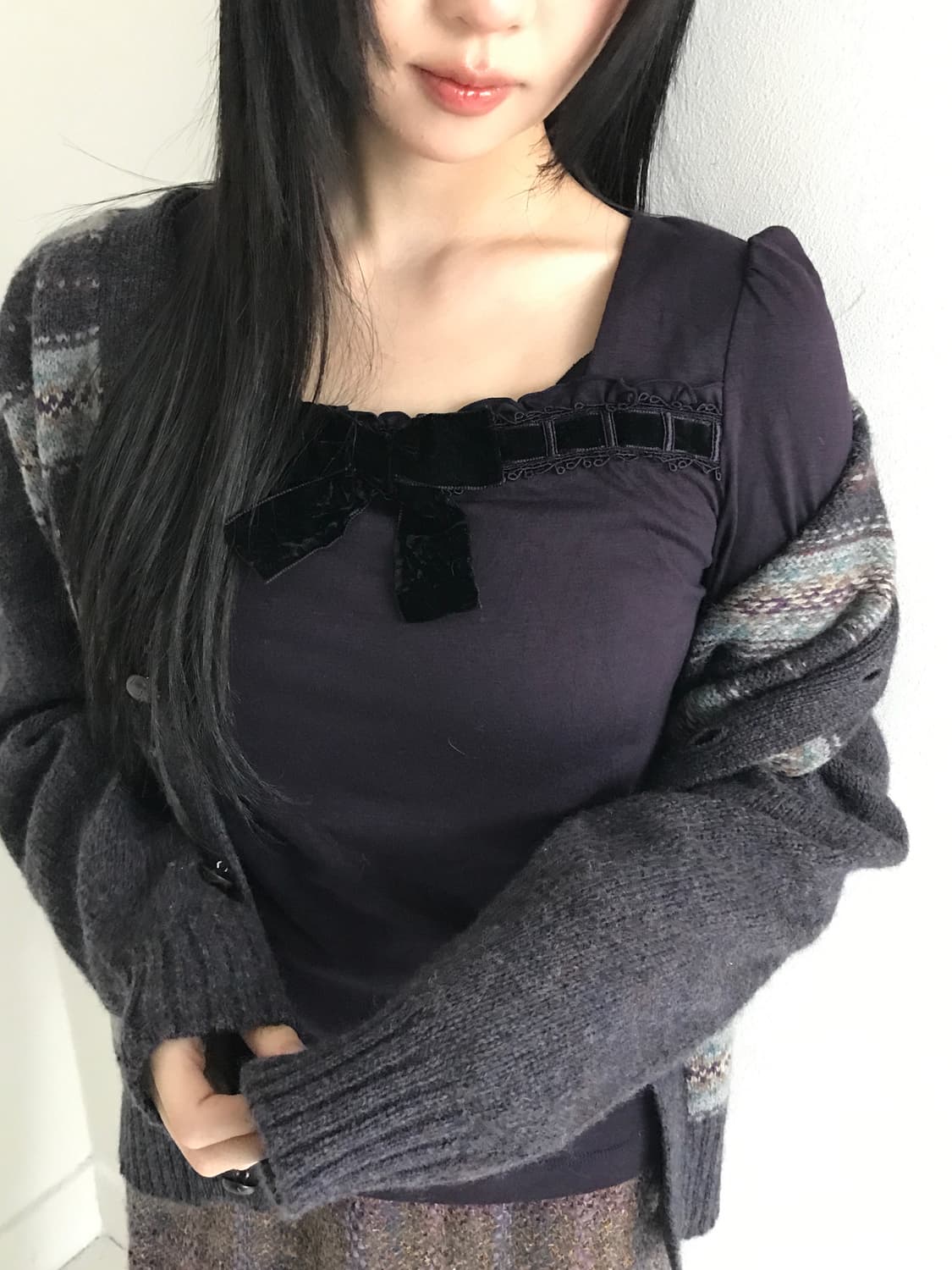 Velvet Ribbon Square Neck Sleeve T 상품이미지10