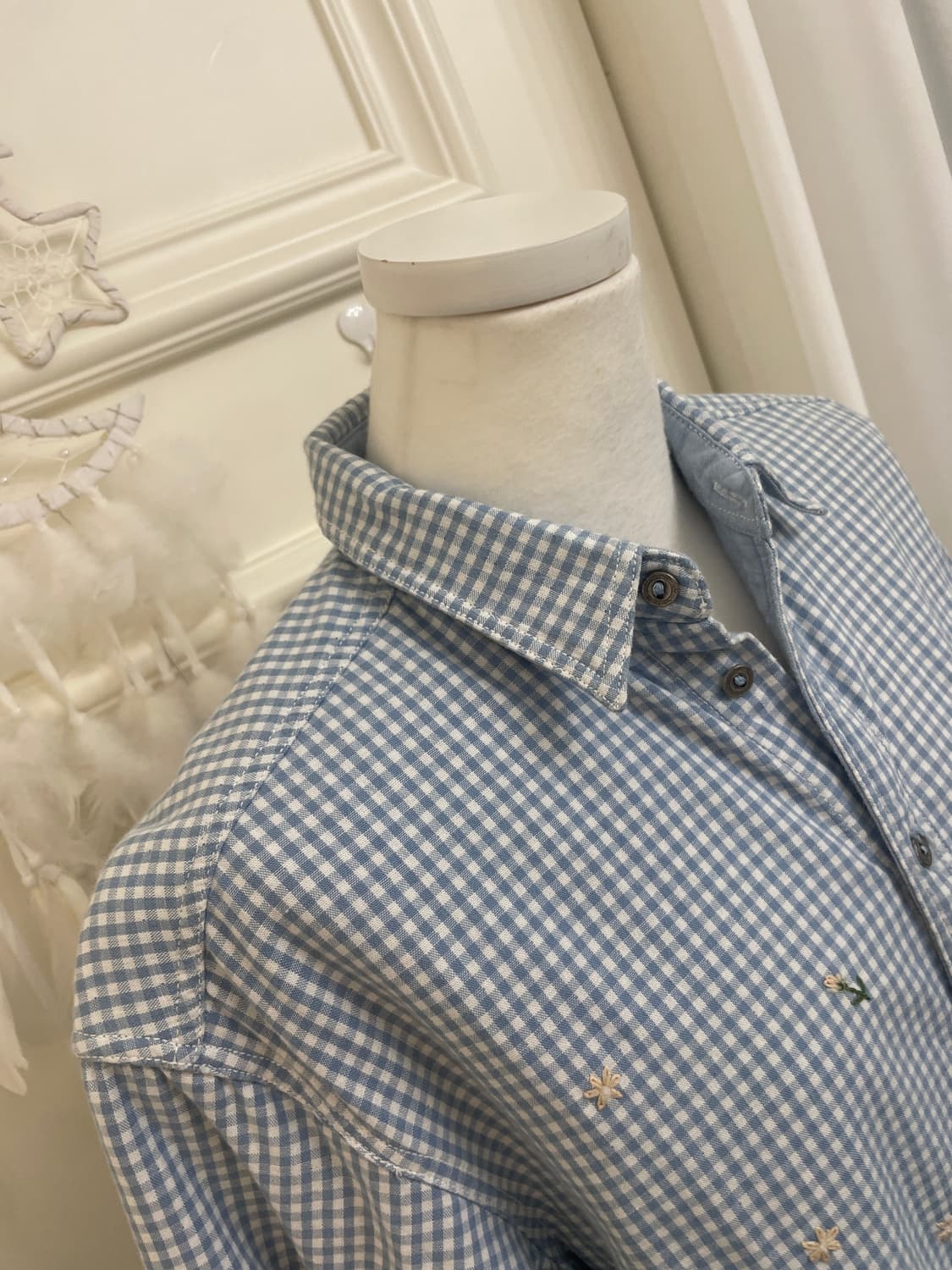 blue gingham check flower embroidery shi 상품이미지7