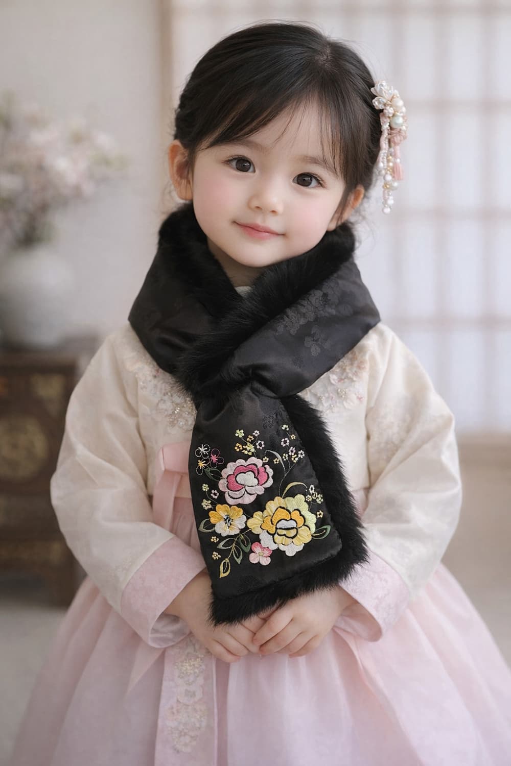 꽃자수 큐빅 포인트 한복 여아 방한 털목도리 여아 성인 착용 가능 상품이미지1