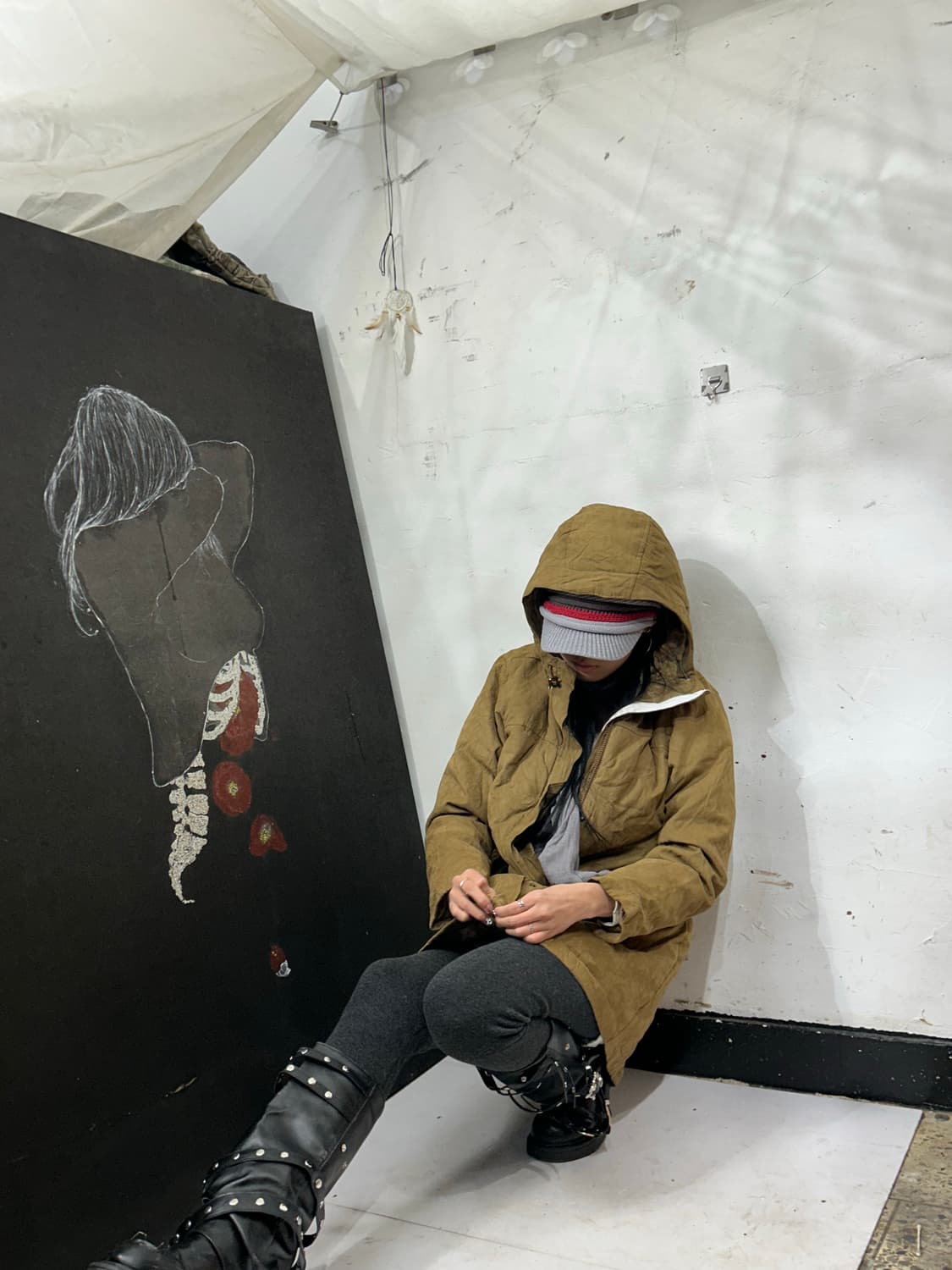 엘엘빈 스웨이드 퀼팅 후드 롱패딩 코트 자켓 S. 상품이미지4