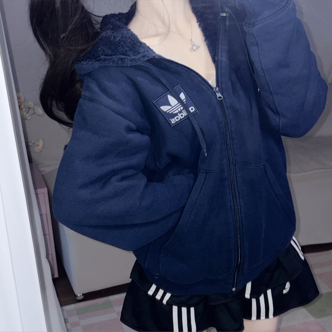 버터플라이 빈티지 아디다스 대장급 네이비 기모 자수 후드집업 100 상품이미지2