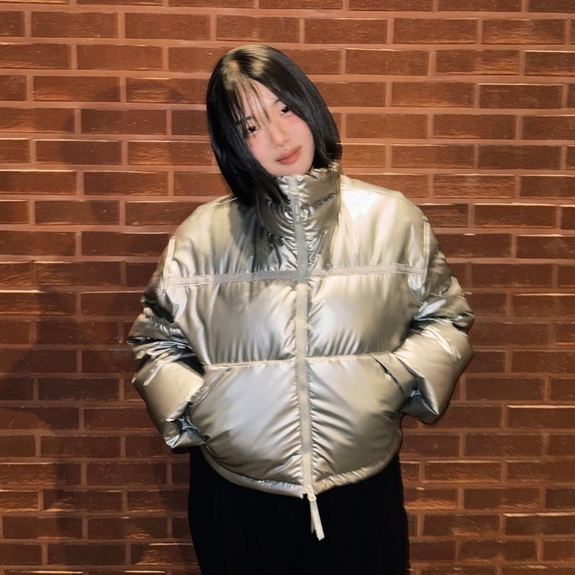 마뗑킴 숏패딩 유광 실버 테이핑푸퍼 M 상품이미지2