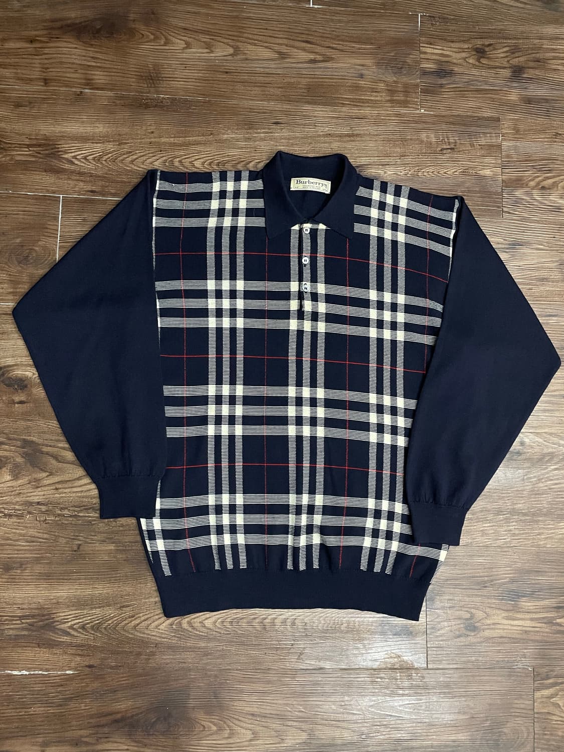 버버리 90s 노바체크 메리노울 카라넥 니트 네이비 상품이미지3