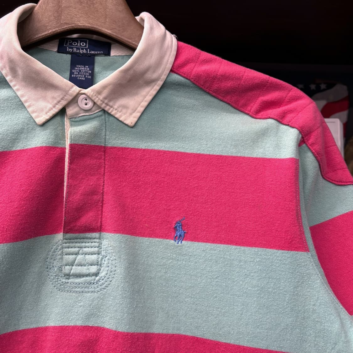 90s 폴로 랄프로렌 숄더패치 코튼캔디 스트라이프 럭비카라티 N606 상품이미지5