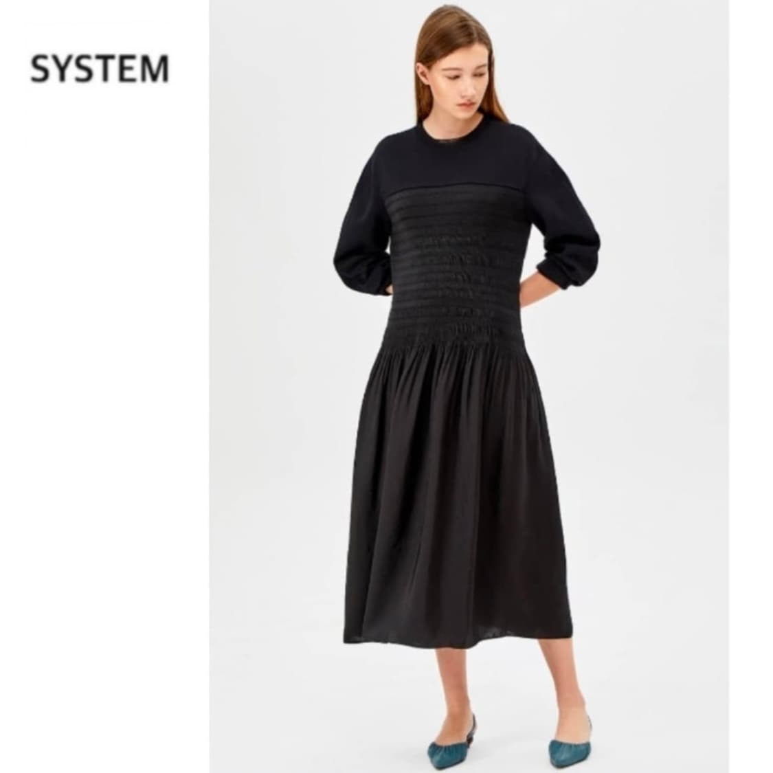 시스템 니트 배색 플리츠 원피스 상품이미지1