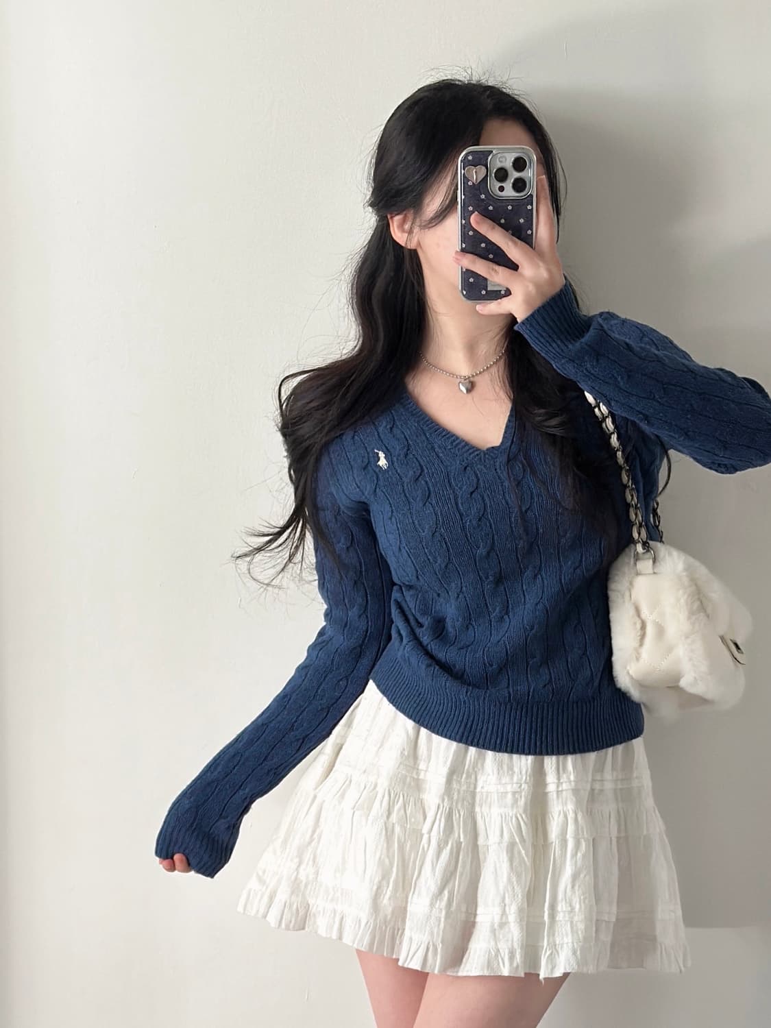 폴로 랄프로렌 뮤트블루 울 캐시미어 V넥 케이블 니트  상품이미지3