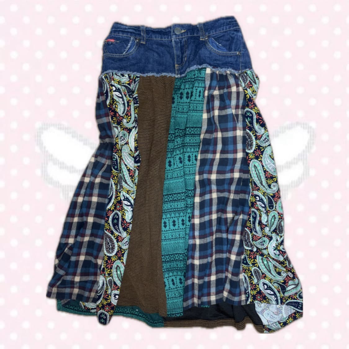 모리걸 하구미 패치스커트 패치워크 데님 플란넬 롱스커트 상품이미지1