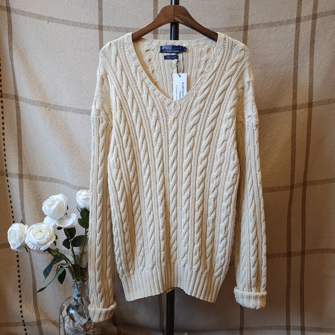 90s 폴로 랄프로렌 브이넥 코튼 케이블 핸드니트 L 상품이미지1
