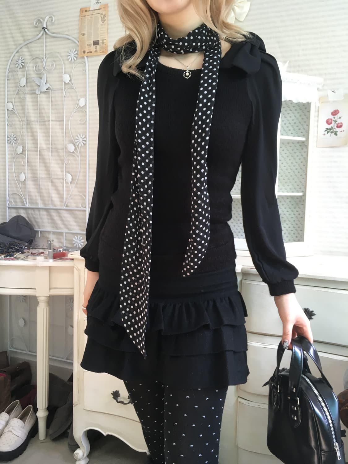 jpn vintage black ribbon knit blouse 상품이미지3
