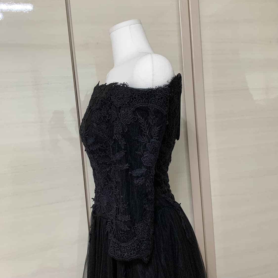 파티 연주회 코르셋 오프숄더 드레스 블랙 웨딩드레스 쉬폰 자수 레이스업 상품이미지5