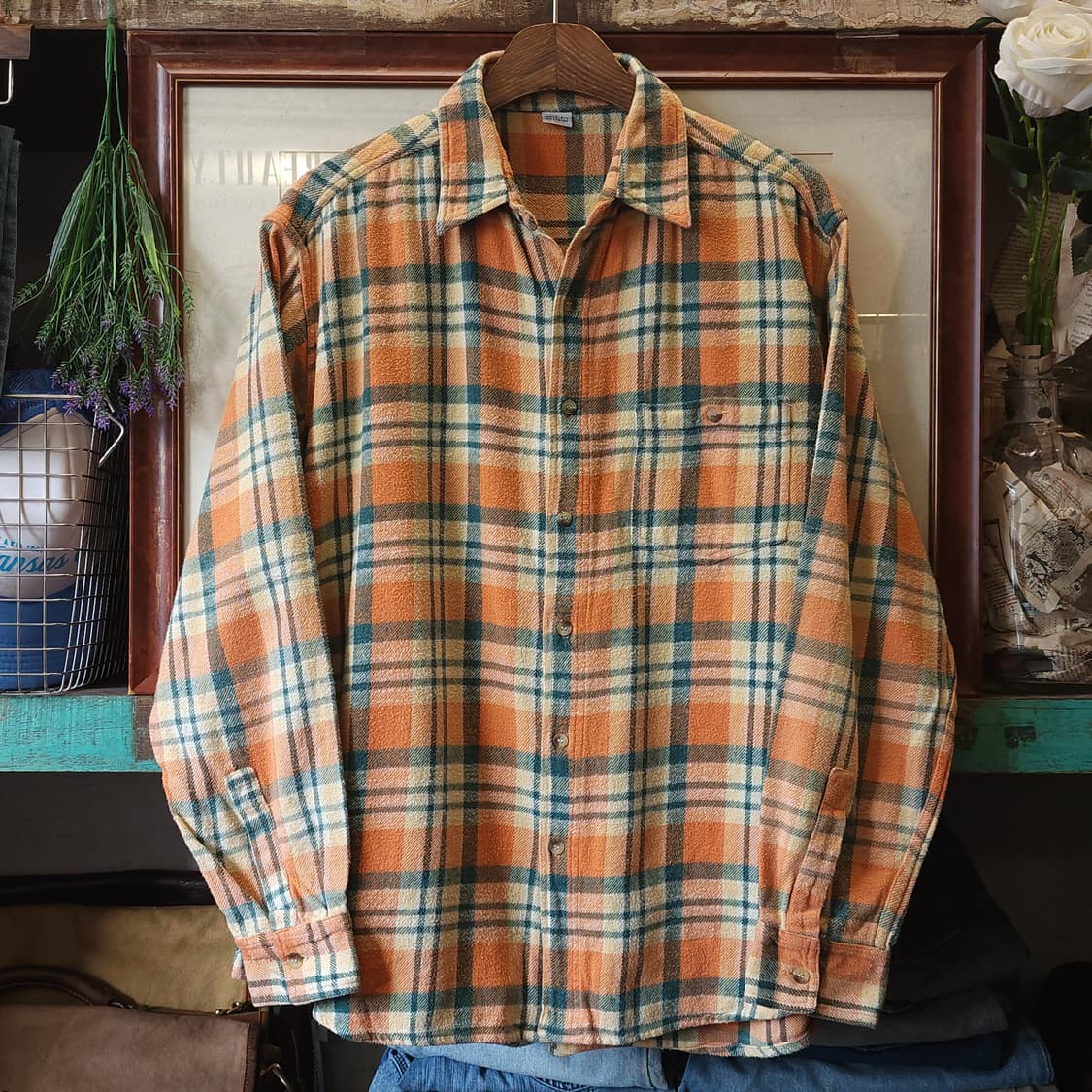 90s 아메리칸 빈티지 체크셔츠 헤비 플란넬 워크셔츠 오렌지 헤어리 L 상품이미지1