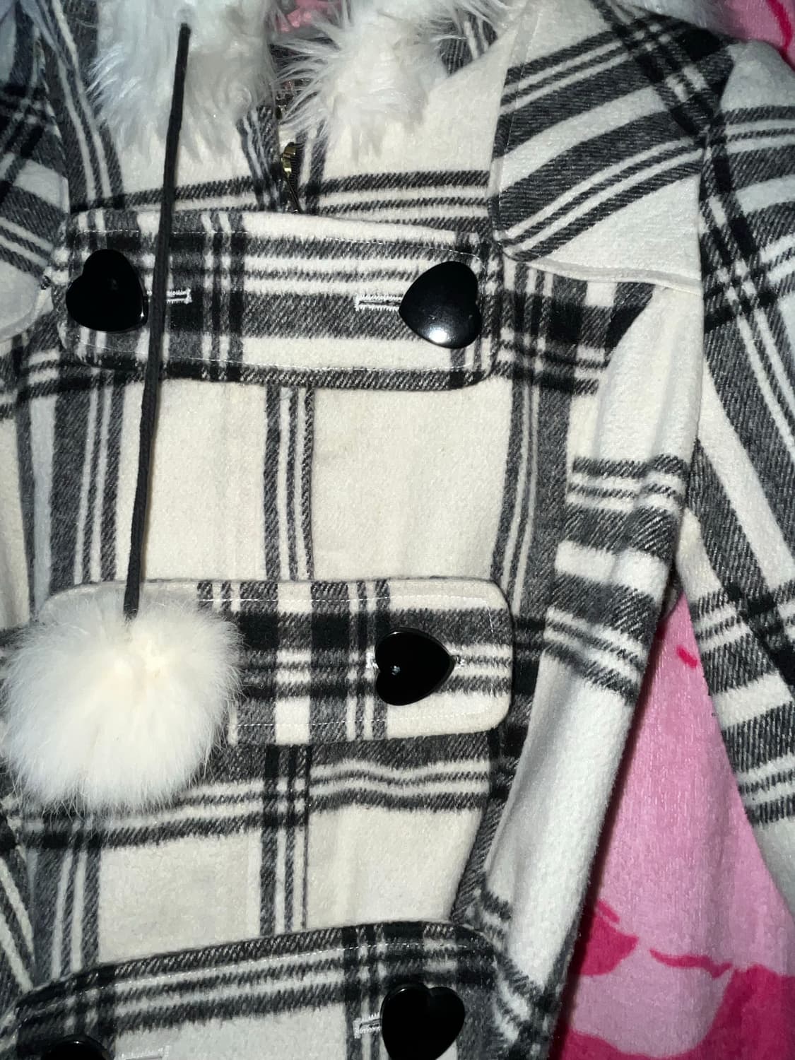 트랄라라 폼폼이 체크 퍼 후드 코트 상품이미지3