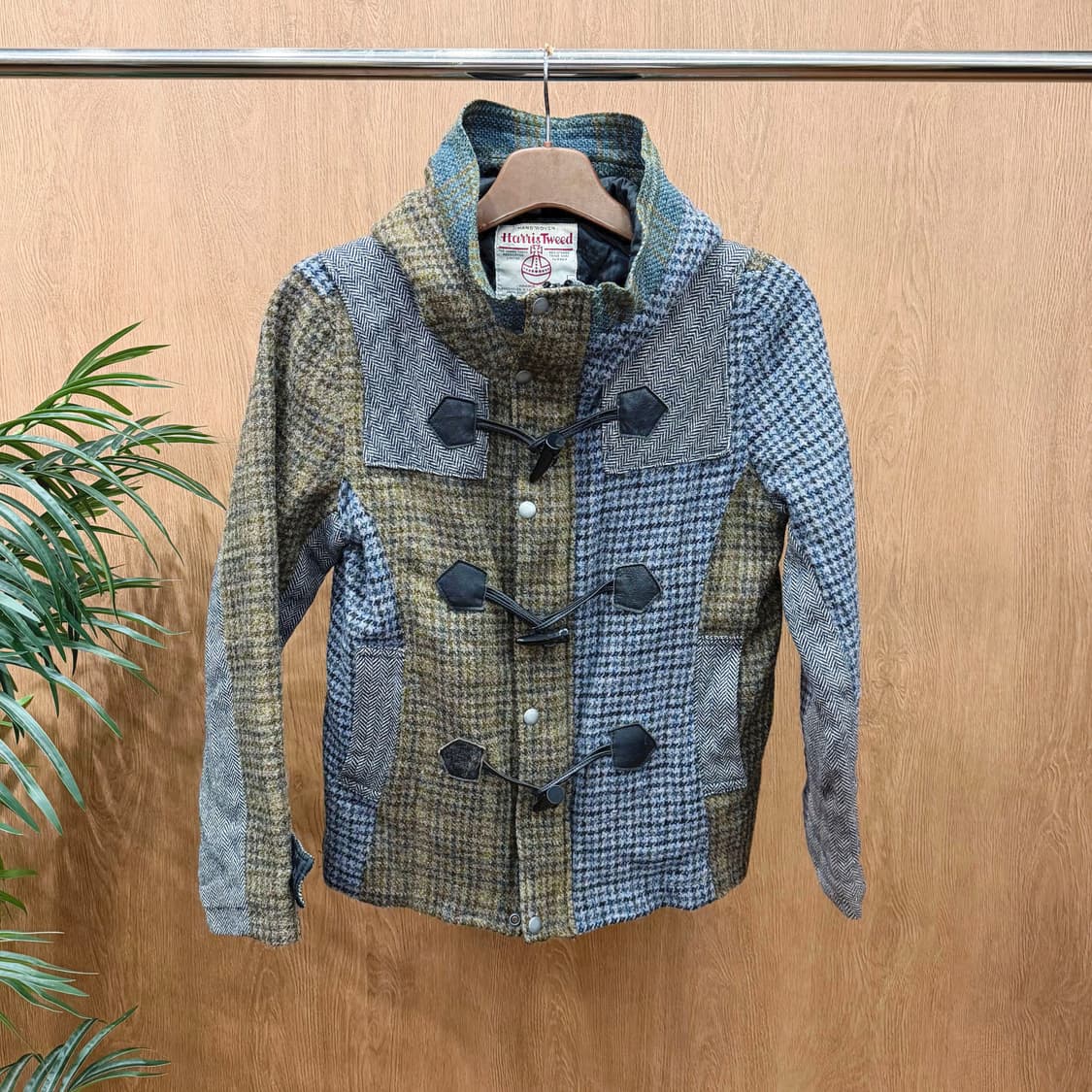 해리스 트위드 울 더플 코트 패치워크 퀄팅 안감 후드 디테일 블루 카키 상품이미지1