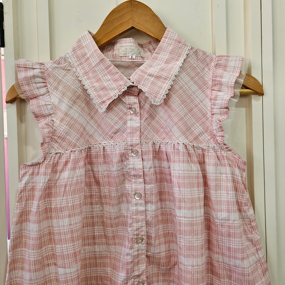 핑크 체크 레이스 튤 블라우스 상품이미지2