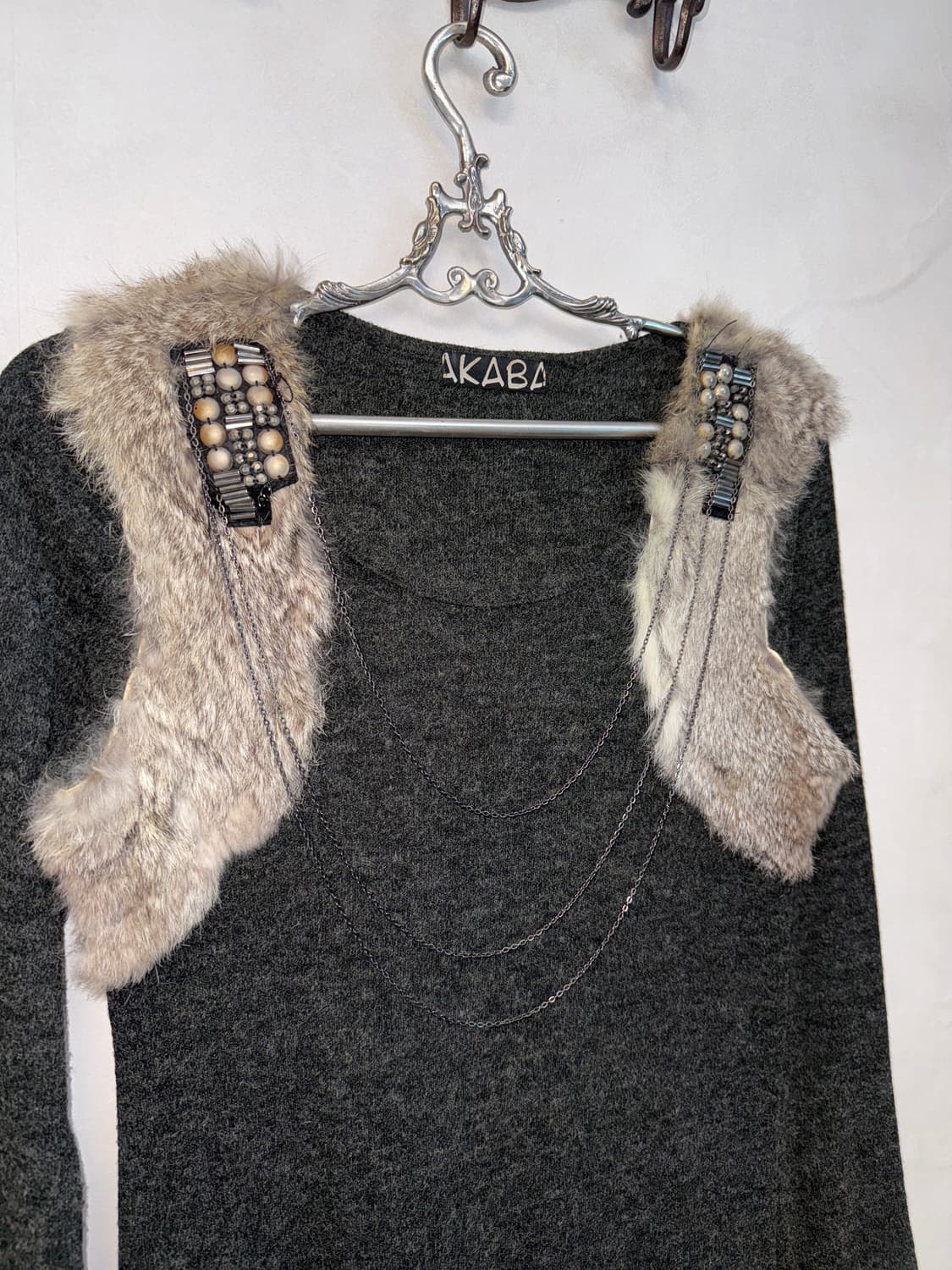 Charcoal rabbit fur trimming wool ops 상품이미지6