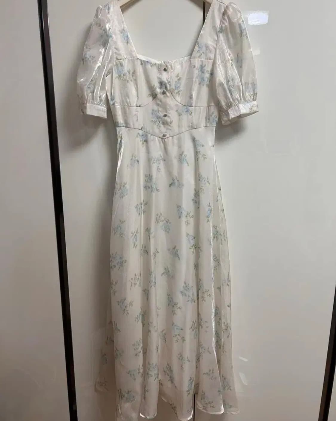 S사이즈) 신스덴 블루 플로랄 글로시 롱원피스 반팔스퀘어넥휴양지여름원피스 상품이미지8