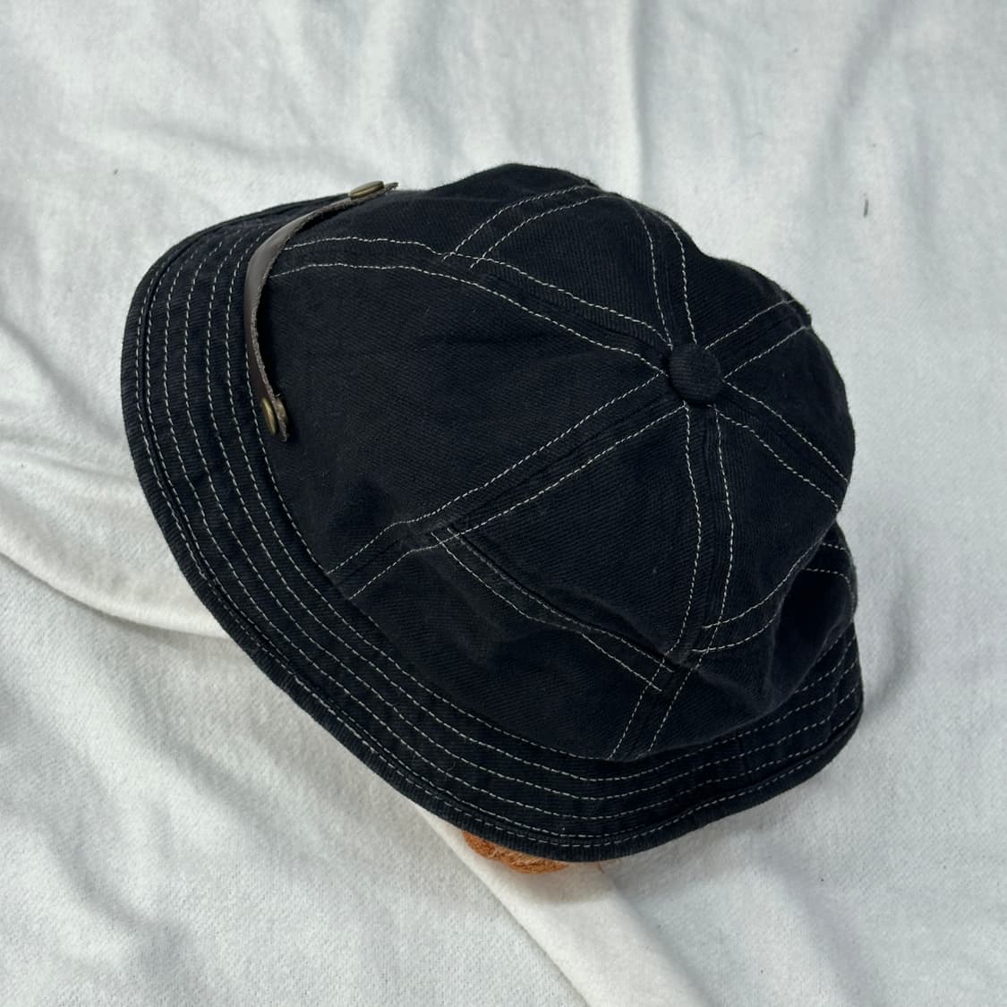 일본 빈티지 스티치 포인트 블랙 데님 가죽끈 포인트 버킷 벙거지 모자 상품이미지2