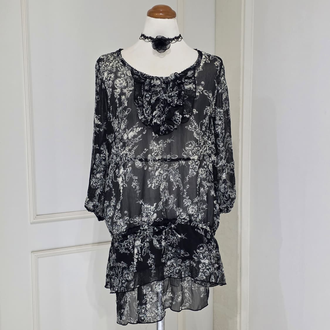 로사체리)일본빈티지 블랙모리걸 플라워 레이스 캉캉 시스루 레이어드원피스 상품이미지1