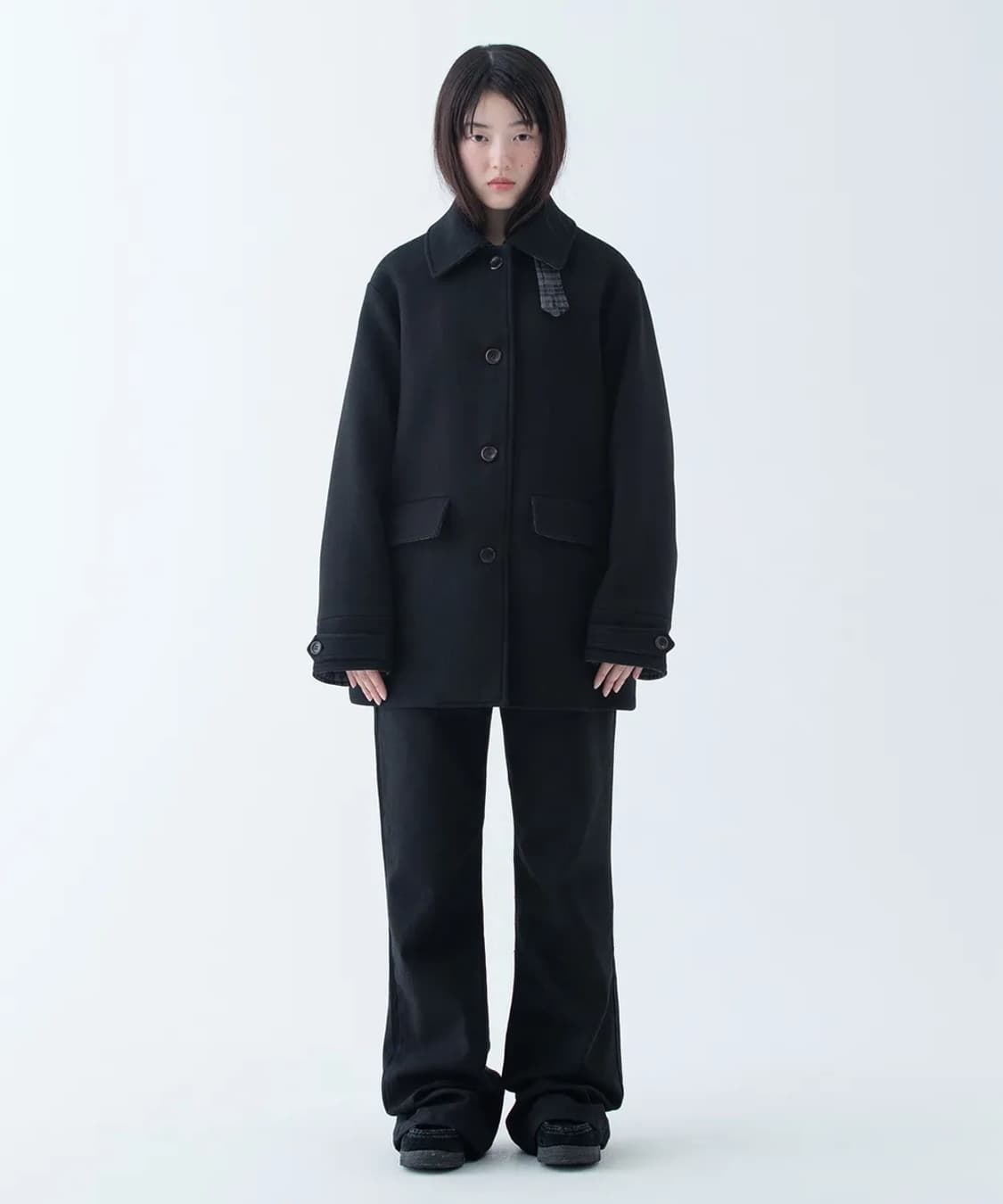 오헤시오 체크 하프 울 코트 블랙 상품이미지3