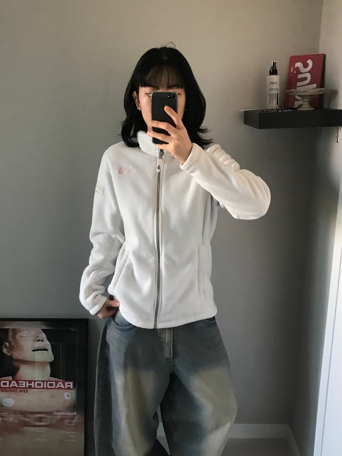 노스페이스 화이트라벨 핑크 로고 화이트 플리스 집업 상품이미지3