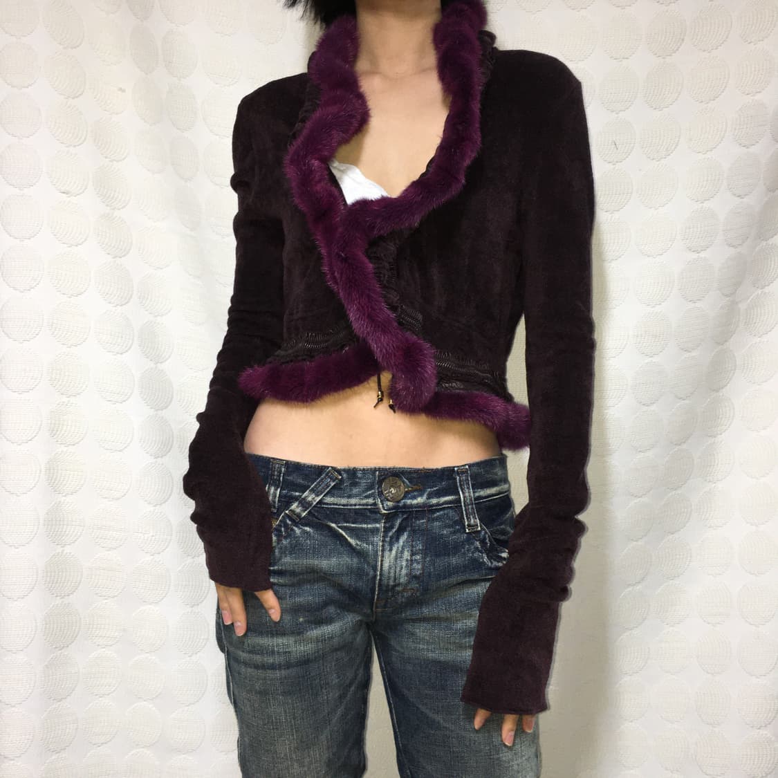 2000s 로베르토 카발리 레더 밍크 가디건 상품이미지1