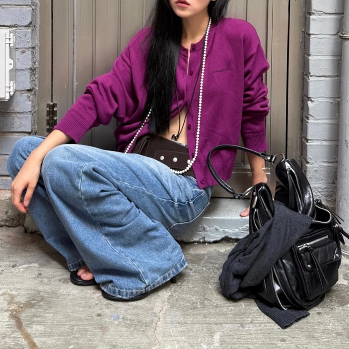 럭키슈에뜨 unbalance knit cardigan purple 상품이미지1