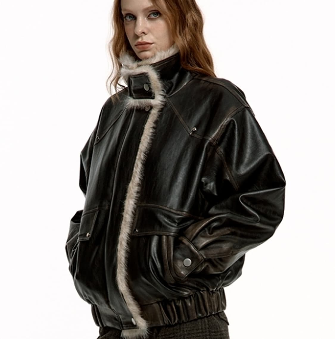 러프넥 워싱 레더 무스탕 상품이미지1