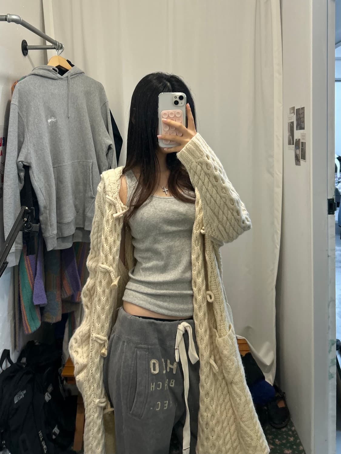 케이블 후드 니트 가디건 롱기장 상품이미지2