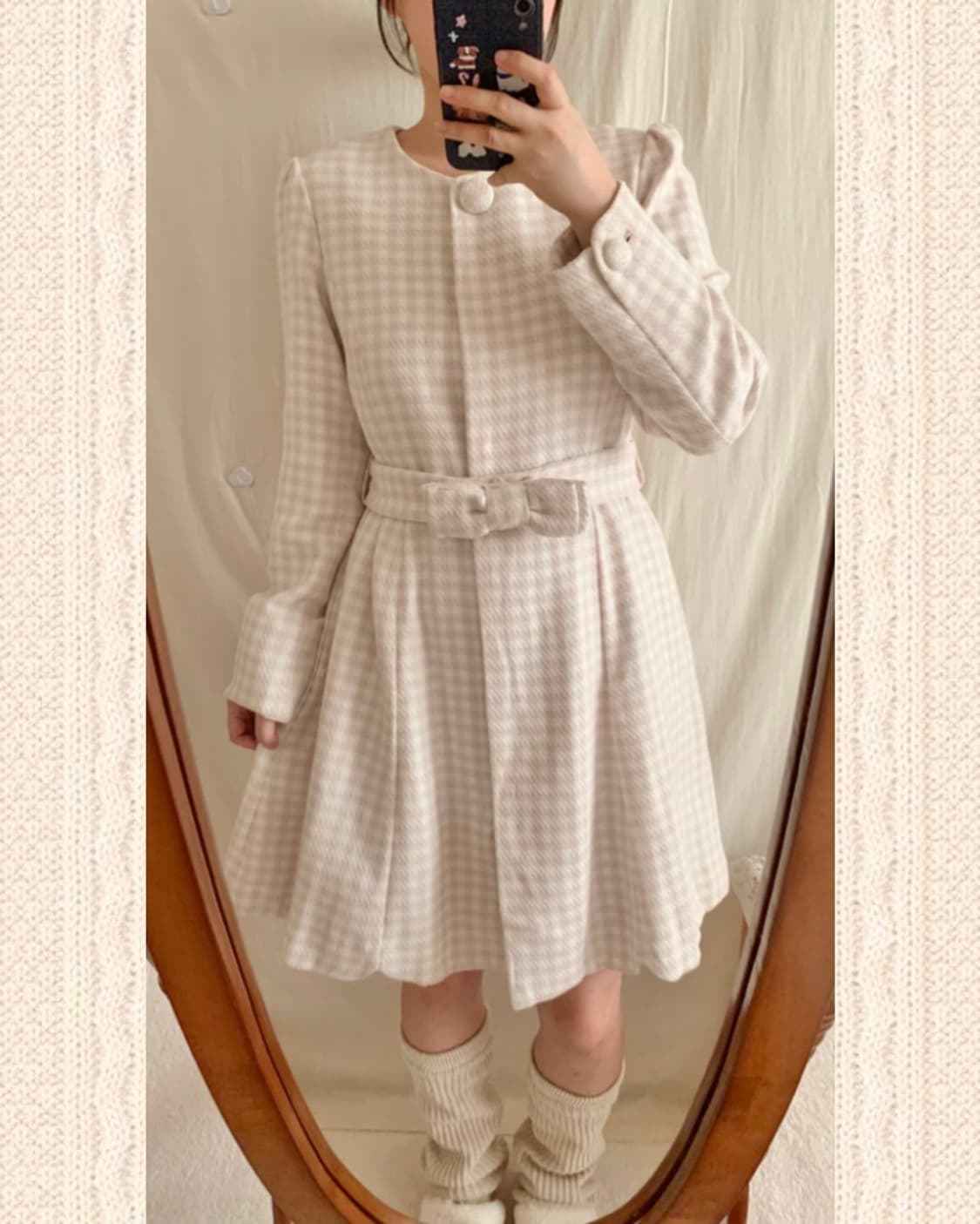 로디스포토 핑크 체크 트위드 리본 코트 상품이미지2