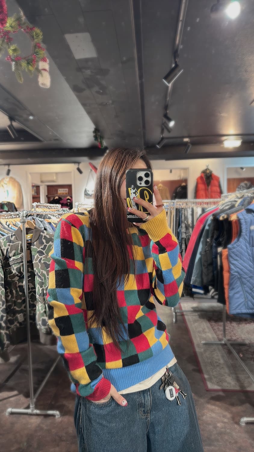 BEAMS 빔즈 컬러풀 체크 패턴 니트 울 니트 S 상품이미지6