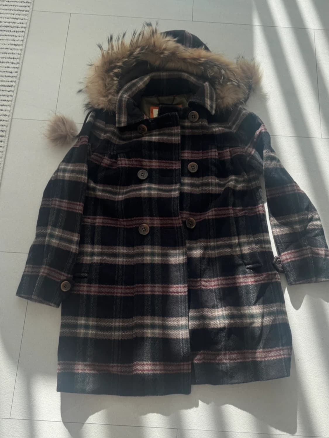 WHO.A.U 체크 모피 후드 코트 S 상품이미지2