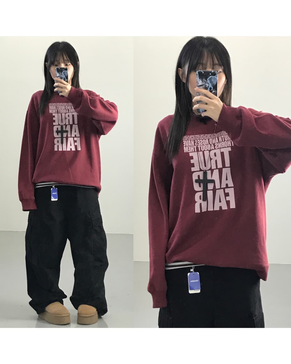 JPN 힐 크롭 버건디 맨투맨 상품이미지1