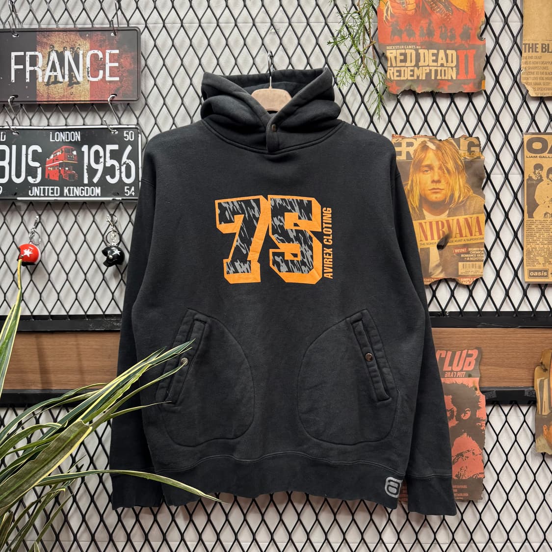 00s 아비렉스 후드티 전면 클로딩 75 프린팅 포인트 블랙 상품이미지1