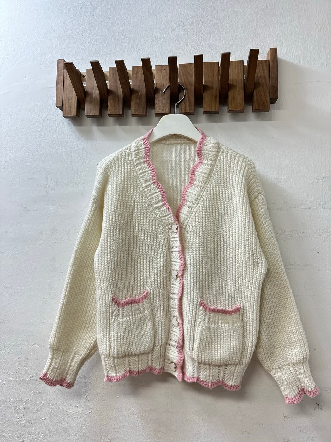 일본빈티지 핑크 스캘럽 하트버튼 니트 포켓 가디건 상품이미지3