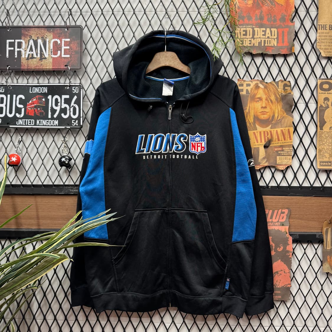 00s 리복 X NFL 후드 집업 라이언즈 자수 빅로고 블루 블랙 상품이미지1