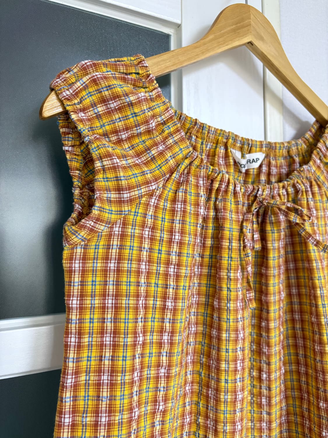 오렌지 체크 퍼프 소매 블라우스 상품이미지7