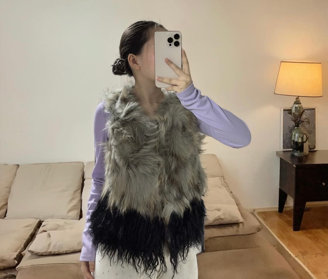 빈티지 그레이 라쿤퍼+블랙 양털 토스카나 조끼 베스트 상품이미지4