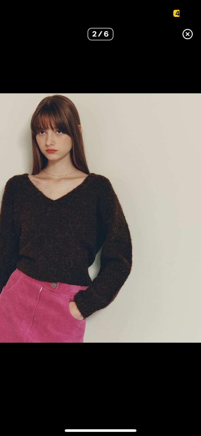 럭키마르쉐 브이넥 리본 풀오버 니트 브라운 상품이미지1