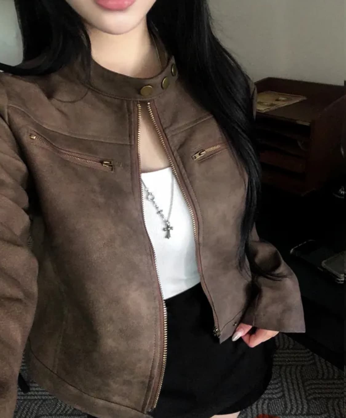 더블콩 라이더 노카라 레더 브라운 가죽 자켓 상품이미지2
