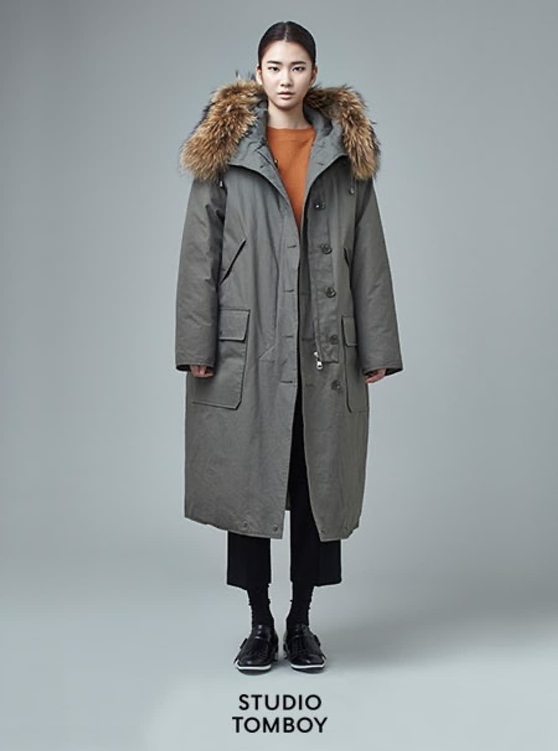 스튜디오 톰보이 라쿤 퍼 덕다운 롱 야상 자켓 점퍼 80 상품이미지1