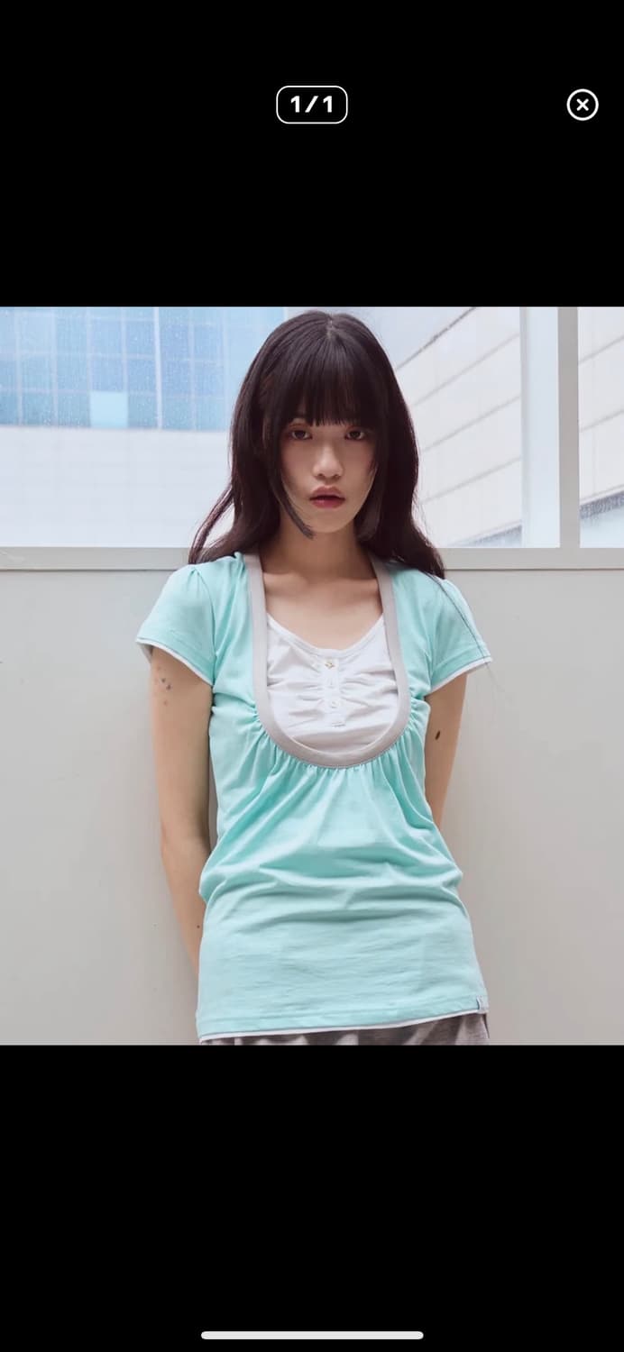 Shirring U neck T- shirts, mint 상품이미지1