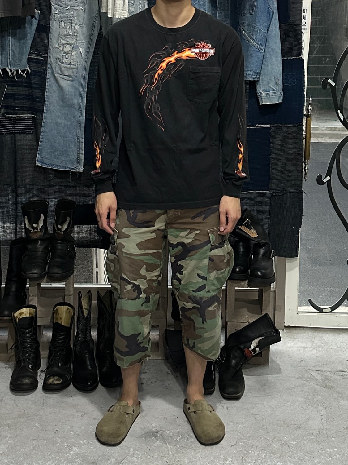 00's USA Made 할리 데이비슨 롱슬리브 플레임 빈티지 할리티 상품이미지2