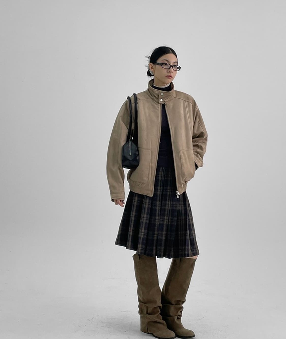 하이넥 누빔 자켓 점퍼 카키 스웨이드 상품이미지2