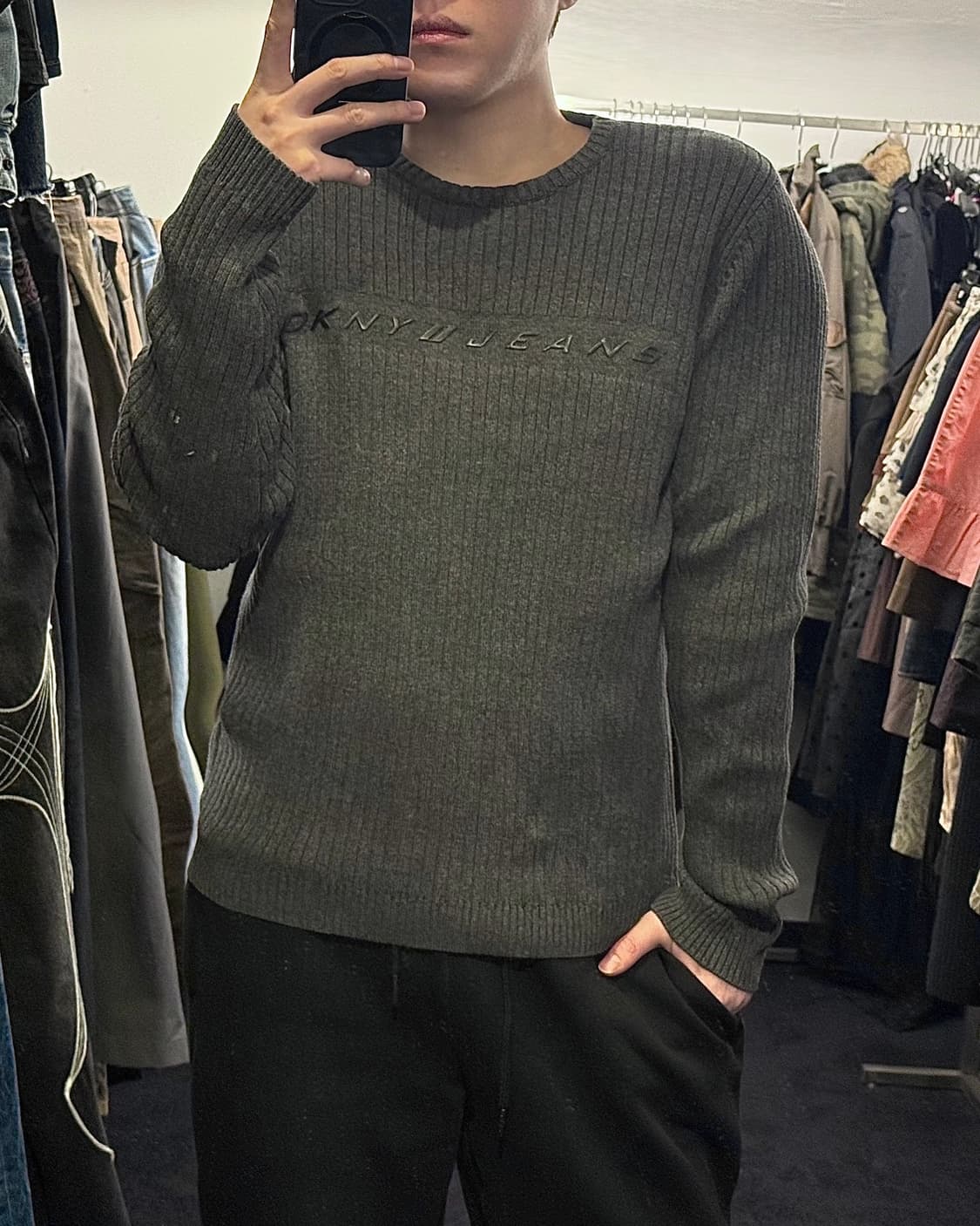 DKNY 도나카란 차콜 회색 쥐색 골지 니트 티 블랙 고스 펑크 락시크 상품이미지2