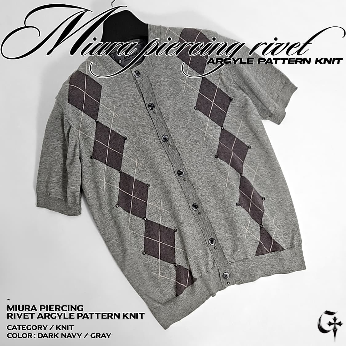 Miura 피어싱 리벳 아가일 패턴 니트 (gray) 상품이미지4