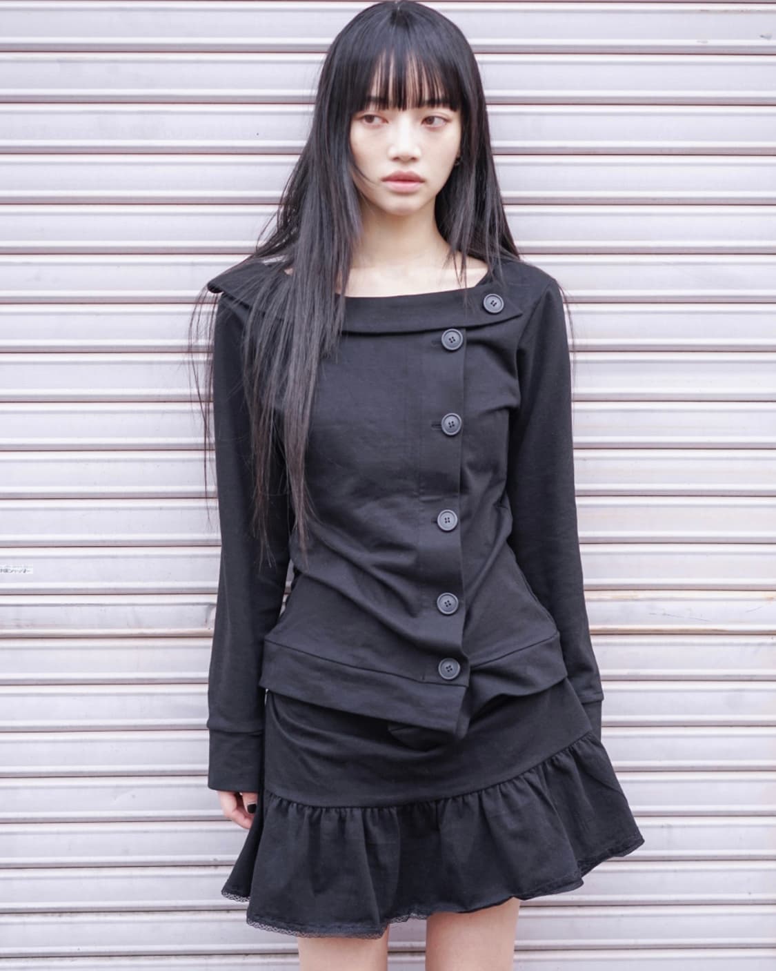 (실사O)미소녀 후드! 오스하이 스프링 넥 버튼 후드 블랙 상품이미지1