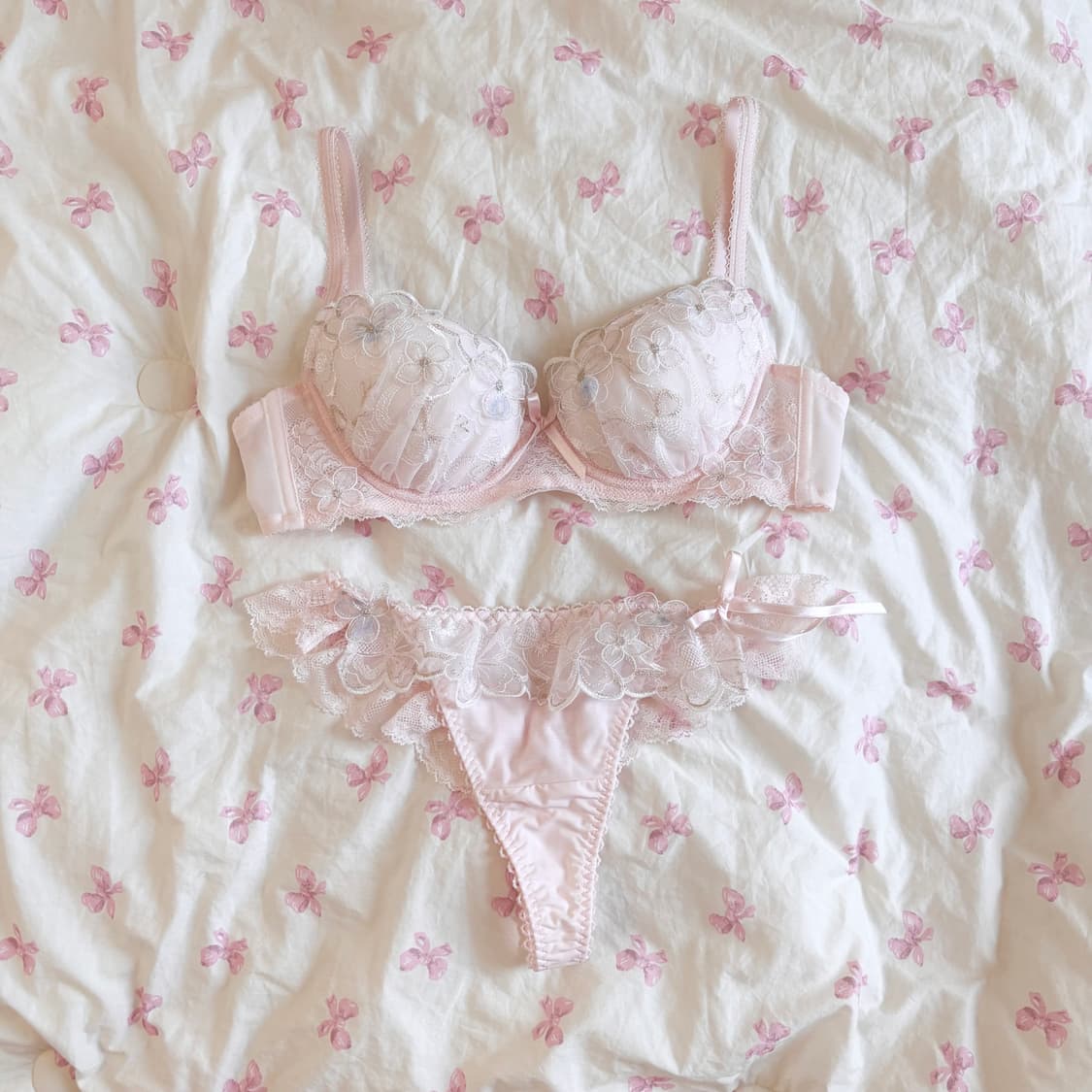 일본 브라 티팬티 set 핑크 레이스 리본 속옷 75b 70b 언더웨어 상품이미지1