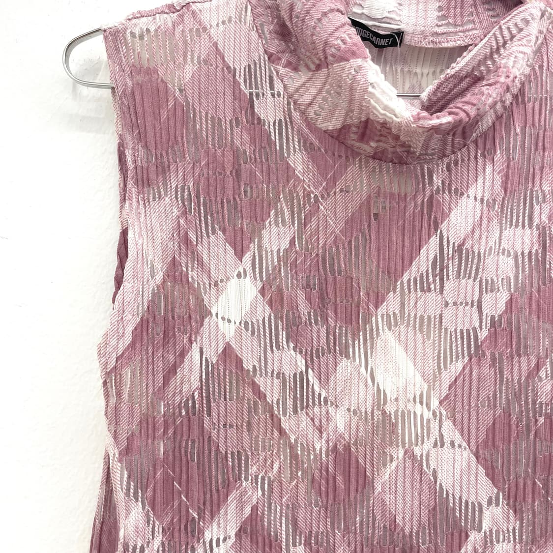 Pink plaid pleated high neck Top 상품이미지3