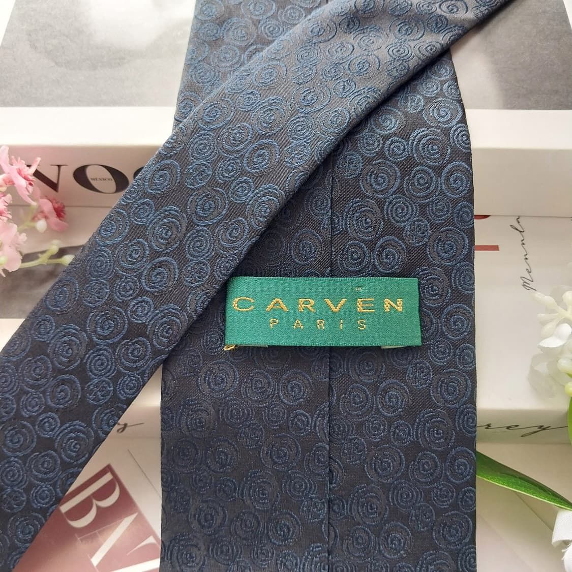 까르뱅 실크 네이비 소용돌이 자카드 넥타이 9.4cm A+등급 K2106 상품이미지6