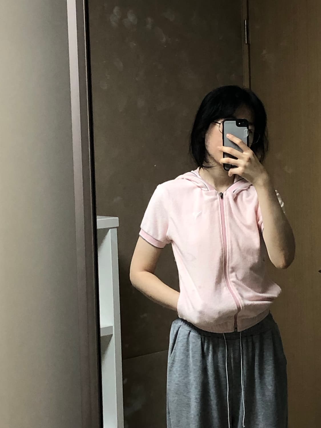 XS 딸기우유 핑크 테리 푸마 반팔 져지 후드집업 자켓 빈티지 푸마 상품이미지3
